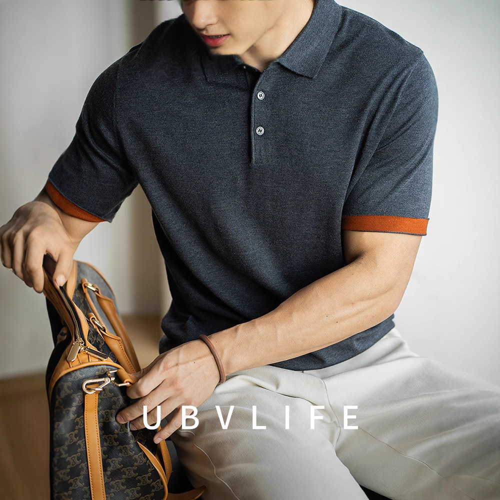 Machine Washable Sheep Wool Blend Cool Short-Sleeved Polo Shirt for Men, New 2026 Spring Color-Blocked Sleeve Knitted Polo