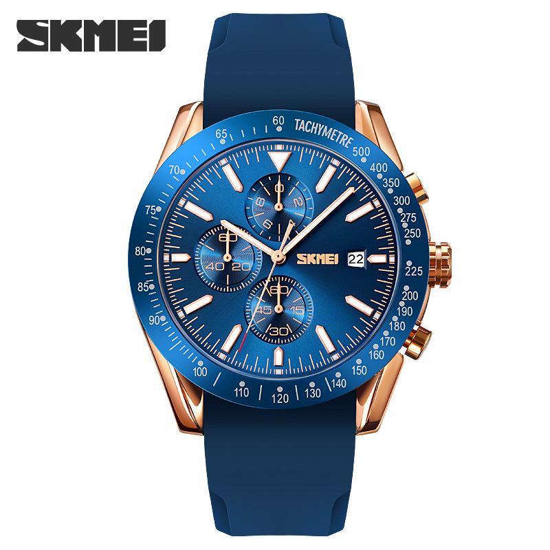 SKMEI 9253 nueva cinta de acero de seis pines calendario luminoso movimiento de cuarzo cronómetro reloj cronógrafo