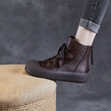 2024秋冬原创头层牛皮厚底高帮罗马鞋女复古圆头后拉链时尚短筒靴