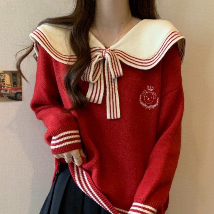 Academy Style Navy Collar Red Sweater Women's Autumn and Winter New plus size chubby girl Loose Slimming Bow Knitted Top