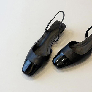 Lan Cabinet Edition ~ French Black Low Heeled Commuter Sandals Women's Fashion Casual Shoes Square Toe Leather Stitching Toe Shoes