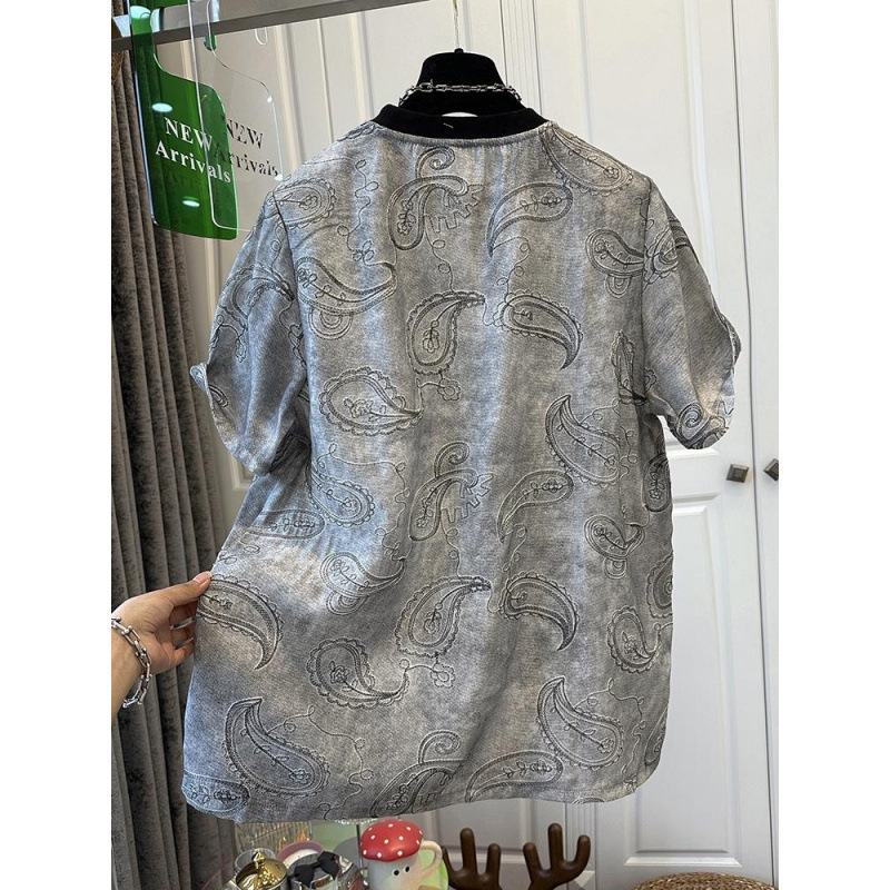 高級感ぼかしジャカード刺繍半袖シフォンシャツ女性の上着の丸襟が色にぶつかって肉がゆったりしているファッション夏の起爆金|undefined