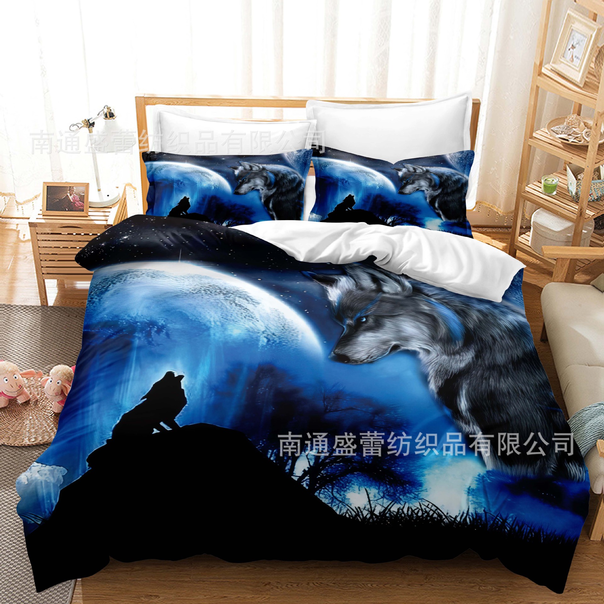 Serie de lobo 3D Impresión digital transfronteriza cubierta de edredón de comercio exterior conjunto de tres piezas conjunto de ropa de cama de cuatro piezas ventas directas de la fábrica