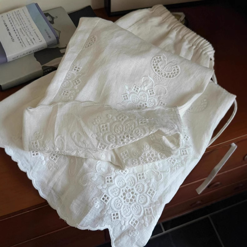 Lazy Style White Cut Out Embroidered Linen Wide Leg Pants for Women 2025 New Design Versatile Slimming Look Cotton and Linen Pants