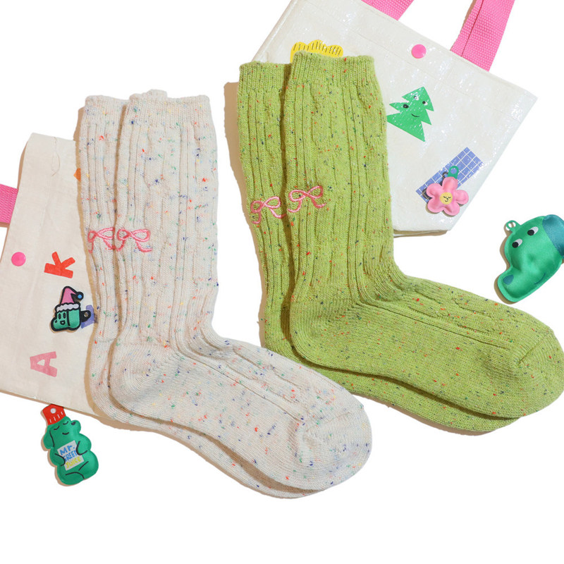 Clearance Sale: Korean Style Polka Dot Yarn Knit Socks with Beautiful Bow Embroidery, Imitation Wool Braided Design, Warm for Women