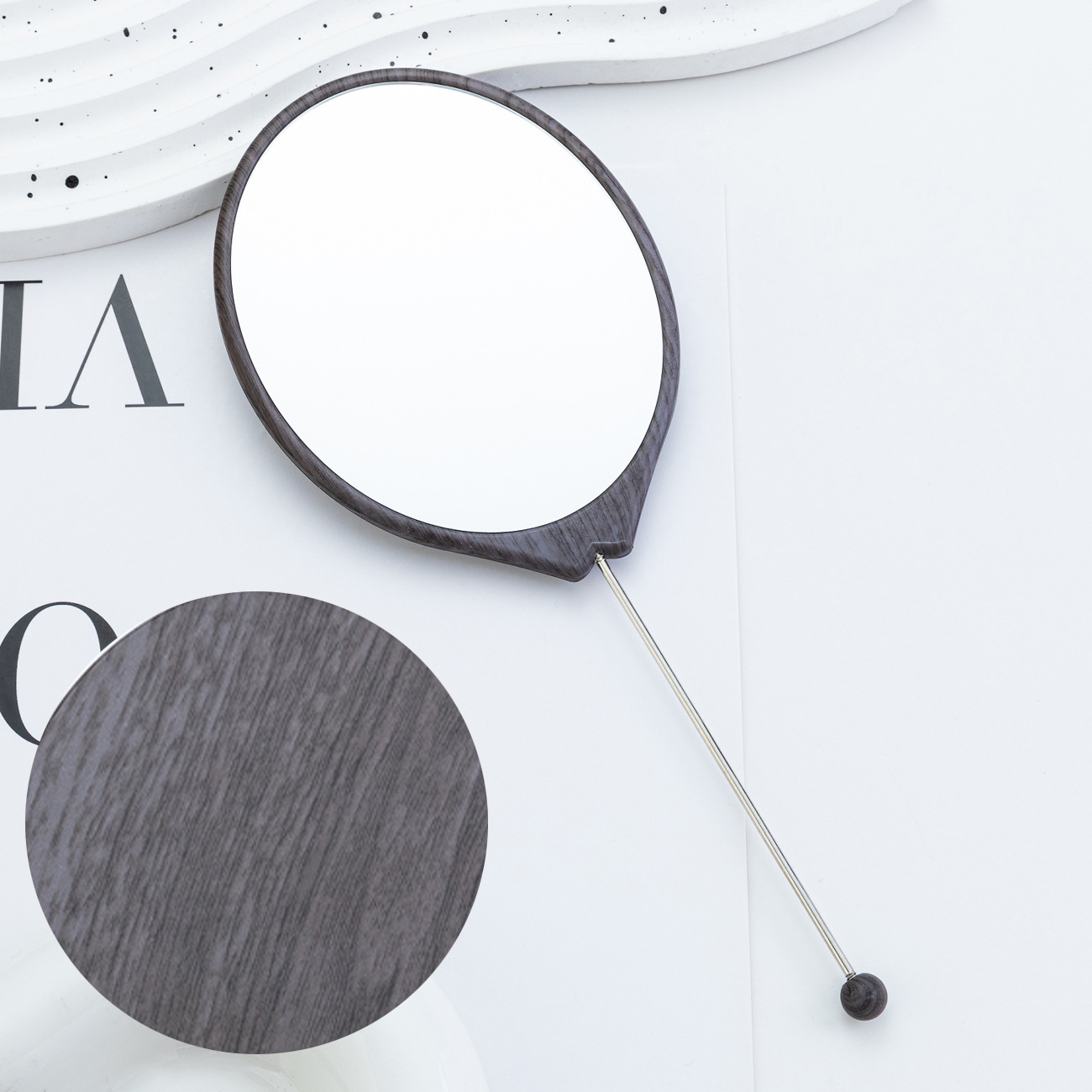 Espejo pequeño con cuentas de bricolaje, espejo de maquillaje portátil, espejo de grano de madera de mano ovalado, espejo de maquillaje con mango para niñas