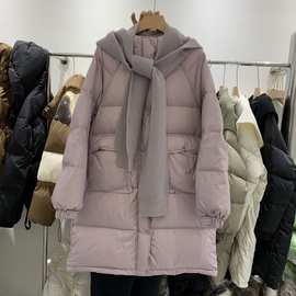 韩版羽绒服女2023冬季新款毛线帽宽松百搭长款加厚白鸭绒外套