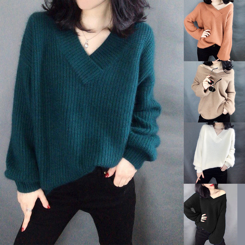 v领毛衣女秋冬新款2023欧美风气质套头灯笼袖宽松时尚针织打底衫