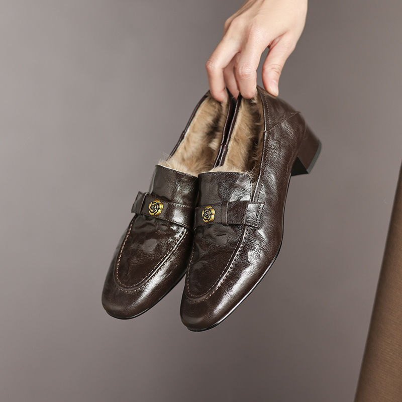 Women's Fleece Lined Two-Way Mid Heel Loafers Retro Floral Design Warm Professional Shoes Plus Size New Winter Style_voghion.com