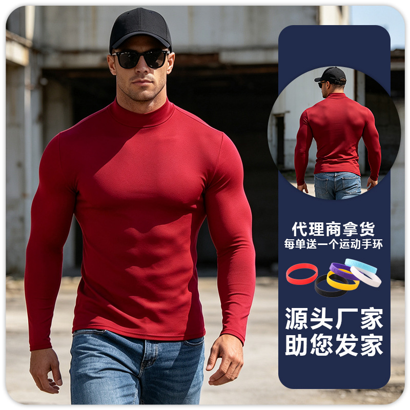 B5024 hombre de manga larga ajustado de cuello de media altura deportes de yoga correr maratón camisa de calentamiento camisa de base trajes de gimnasio