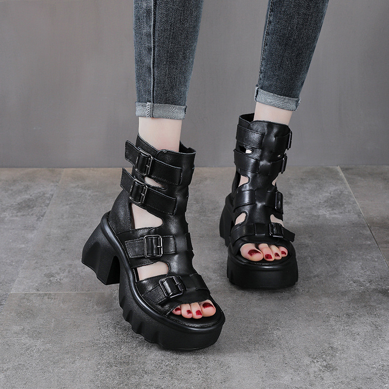 Sandal hở mũi nữ da bò cao gót 9 cm quai khóa xỏ ngón — màu đen