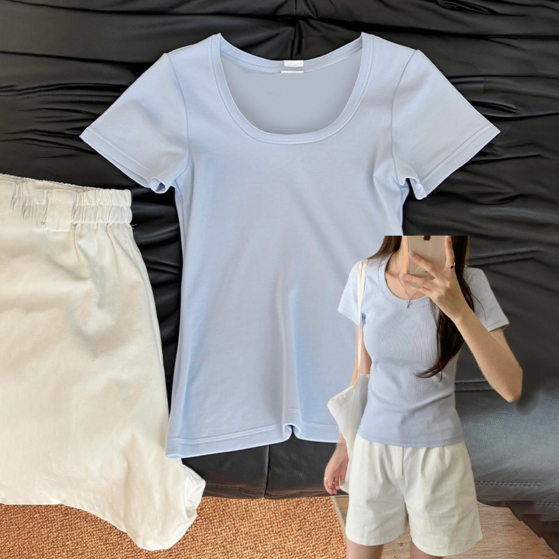 Blue Pure Cotton Right Shoulder Short-Sleeved T-Shirt for Women in Summer, Beautiful Petite Waist Slimming Look Large Neckline Basic Top