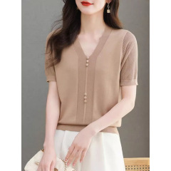 V ネックアイスシルクニット半袖 Tシャツ女性のための夏 2025 新しい大きいサイズママシャツ新しい中国風トップ薄いフレンチスタイル