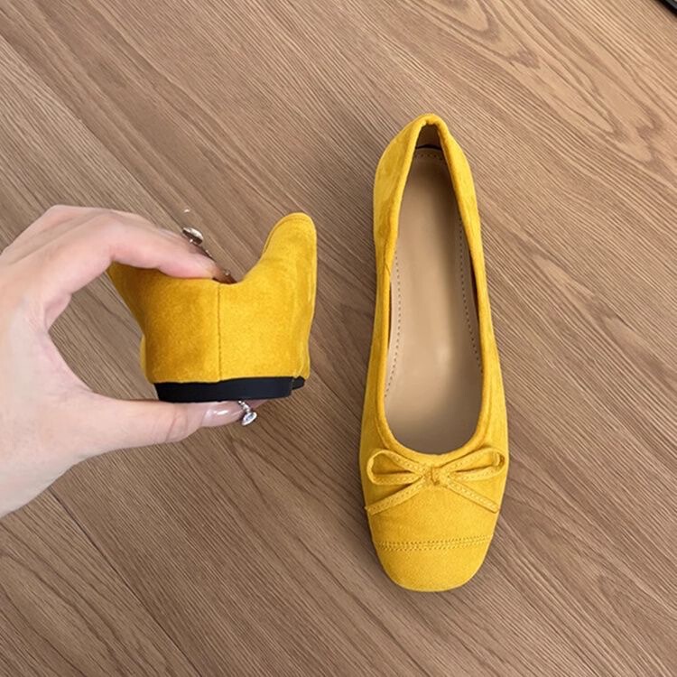 5cm Height Increase 2025 Flats Spring and Summer French Yellow Flats Women's Shoes Round Toe Ballet Shoes with Skirt