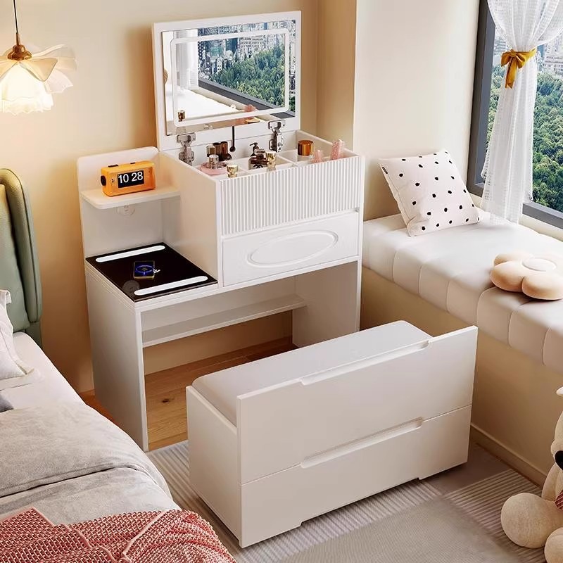 Tablero de vestir pequeño dormitorio moderno simple viento de crema inalámbrico con lámpara de carga de mesa de maquillaje gabinete de almacenamiento en uno