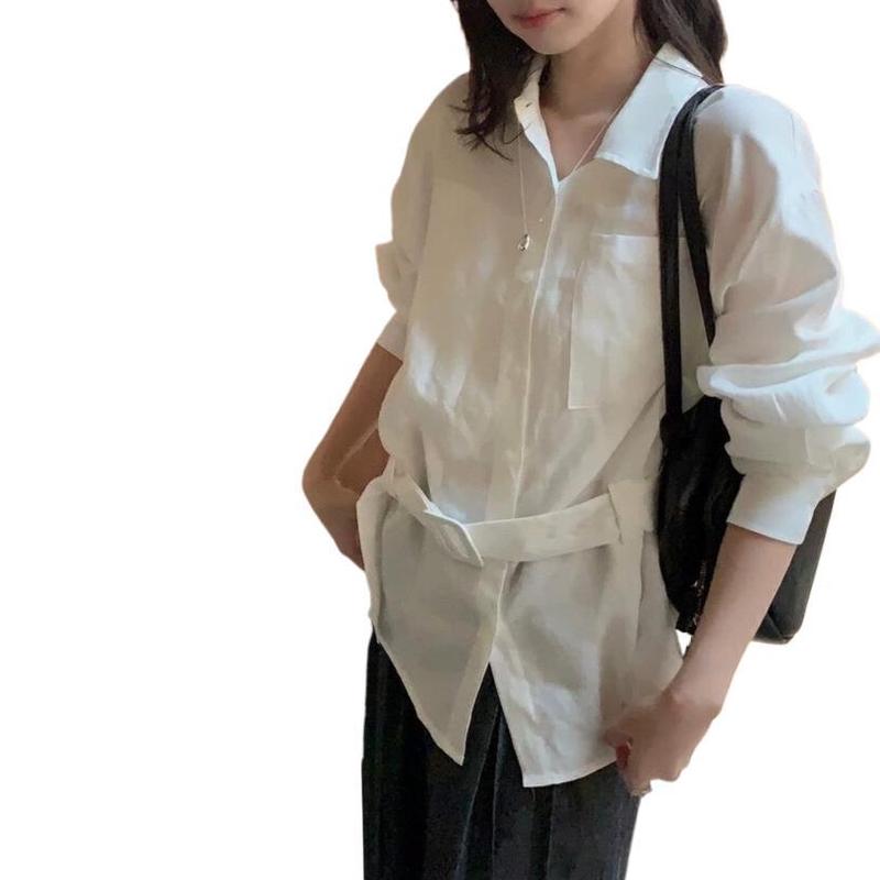 気質ウエスト韓国デザインシャツ春夏ゆったりスリムカジュアルレディーストップスベルト付き|undefined