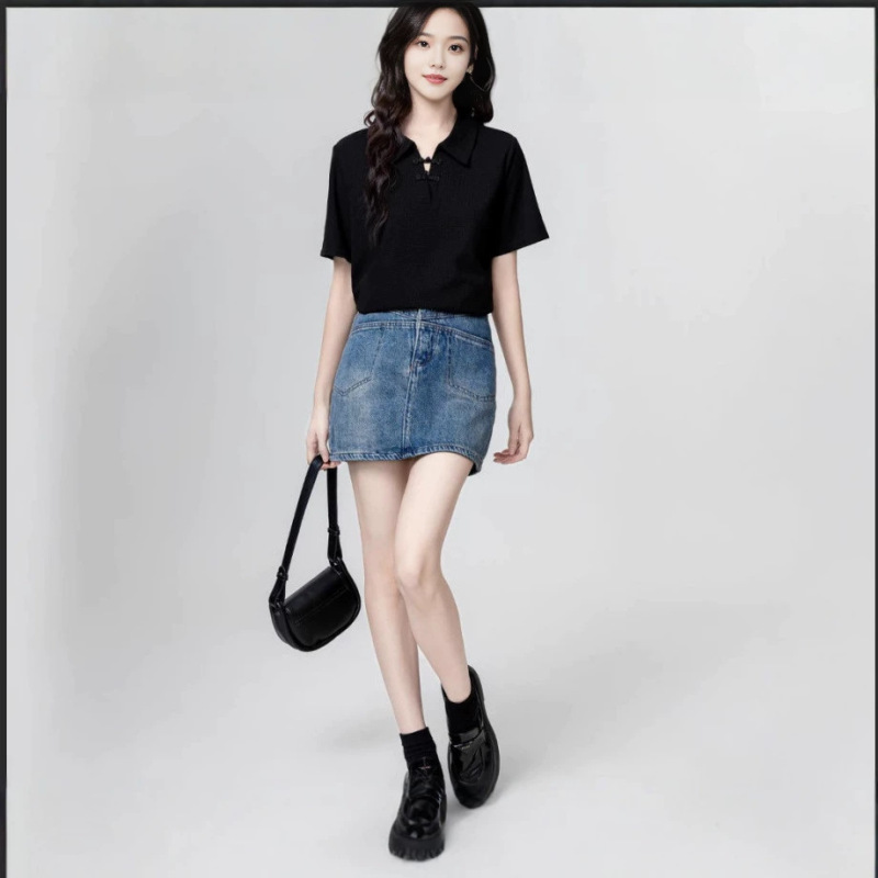 Black New Chinese Button Short-sleeved T-shirt Women's 2025 Summer New Women's Design Sense POLO Collar Shoulder T-shirt Top