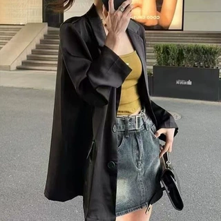 高级感黑色小西装宽松长袖上衣薄款2025春秋新款轻奢醋酸西服外套