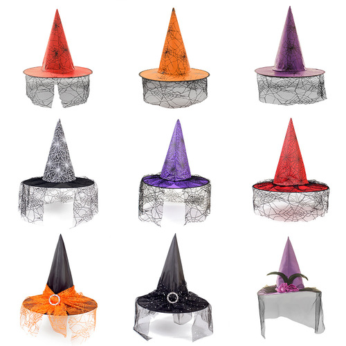 Halloween Hat: Witch Party Decor – Curved Edge Mesh, Pumpkin Print, Magic Wizard Cap with Black Tip