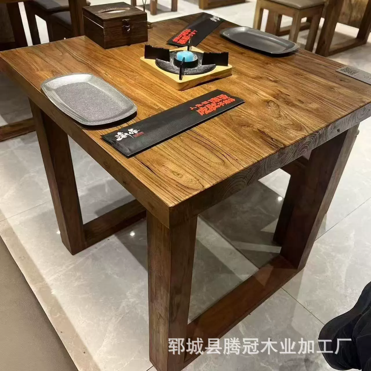 老榆木餐桌复古实木茶桌家用四方桌米线面馆正方形餐桌饭桌