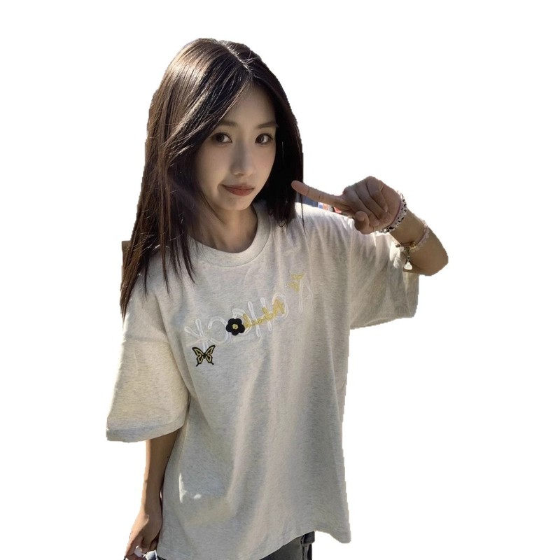 2025 夏の新アメリカンレトロ刺繍綿半袖 Tシャツ女性の怠惰なスタイルイントレンド超人気学生トップ|undefined