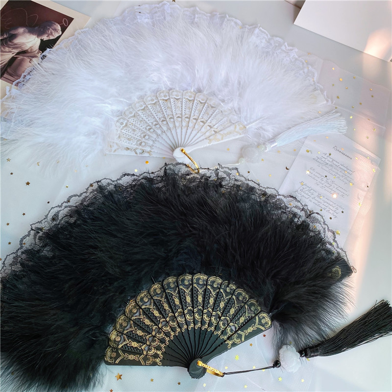 哥特风洛丽塔新款古典羽毛折扇摆拍道具复古风日式和风蕾丝旗袍扇