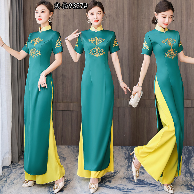Dark Green chinese dress retro qipao for women girls two-piece catwalk costumes young Chinese wind