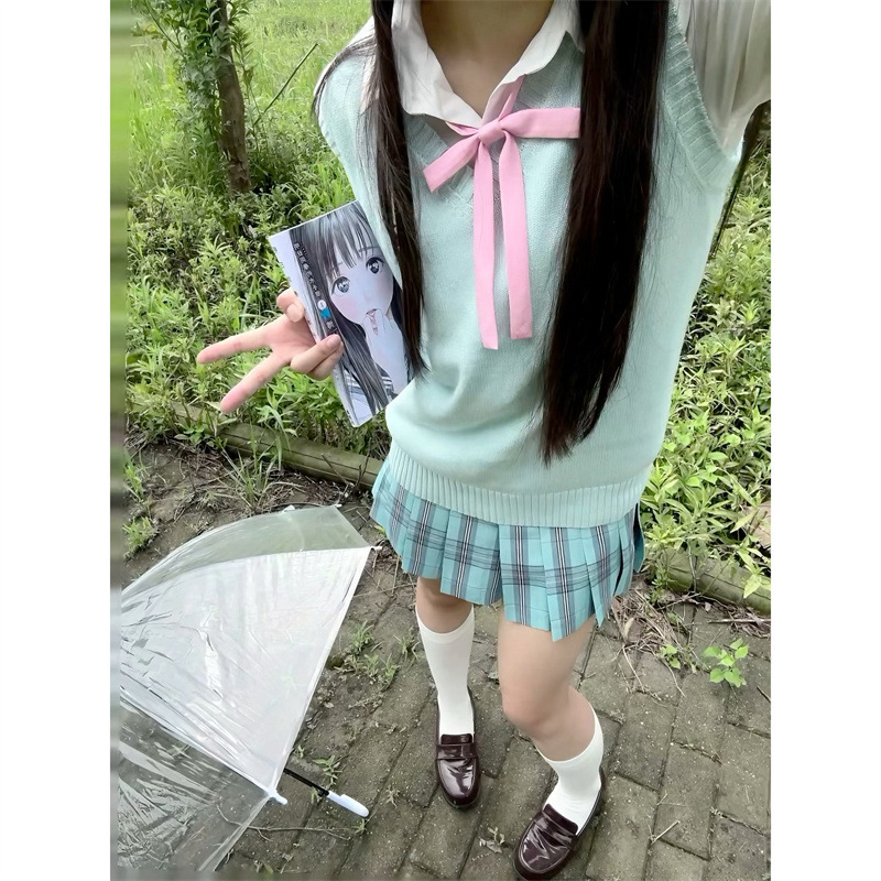 오다 초 JK 유니폼 [리 하이] 체크 무늬 스커트 오리지널 학술 스타일 소녀 하프 플리츠 스커트 블루 그린 여름