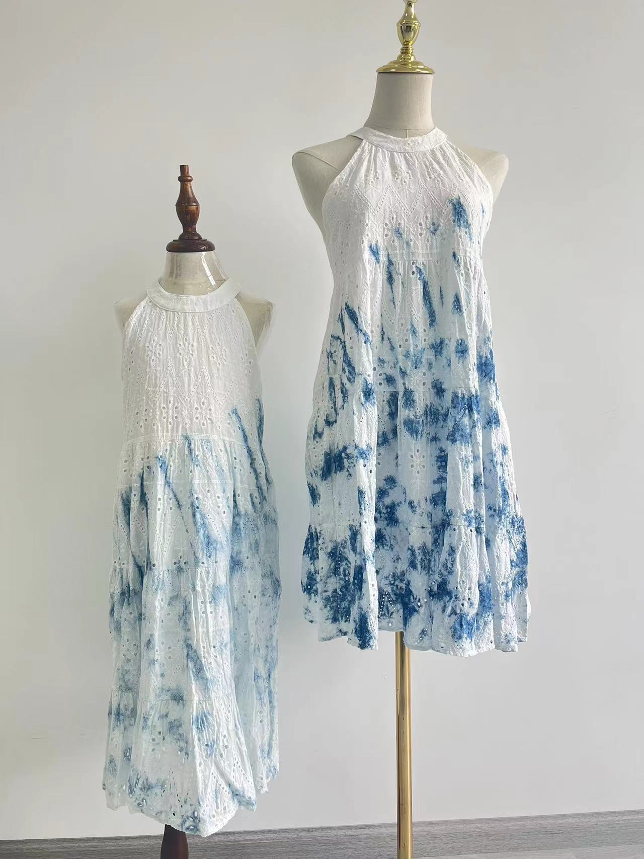 Children's literary travel tie -dye blue -white dyeing embroidery…