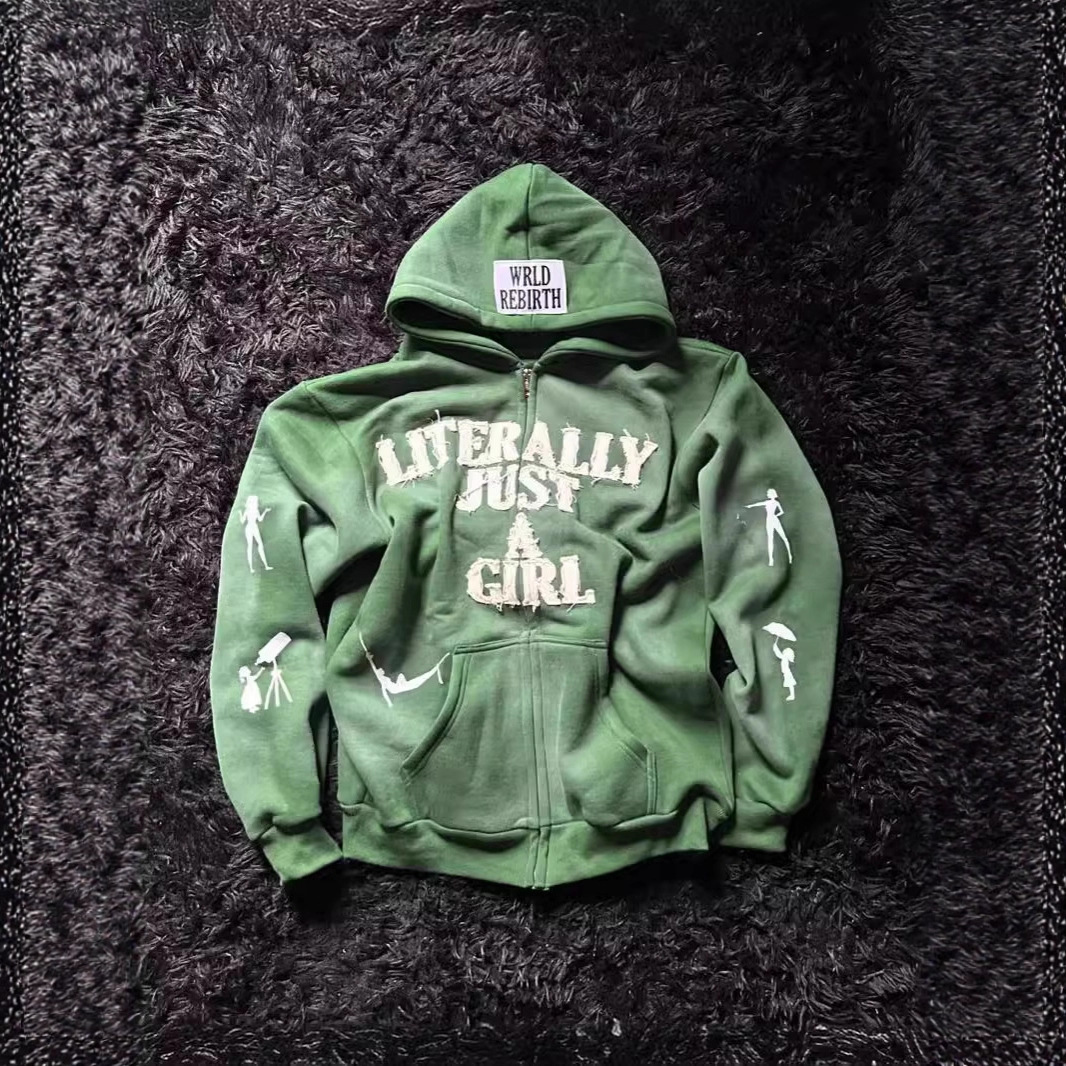 American Y2K Hip-Hop Letter Patch Embroidered Hoodie Personalized Street Style Loose Zipper Cardigan Top for Men and Women