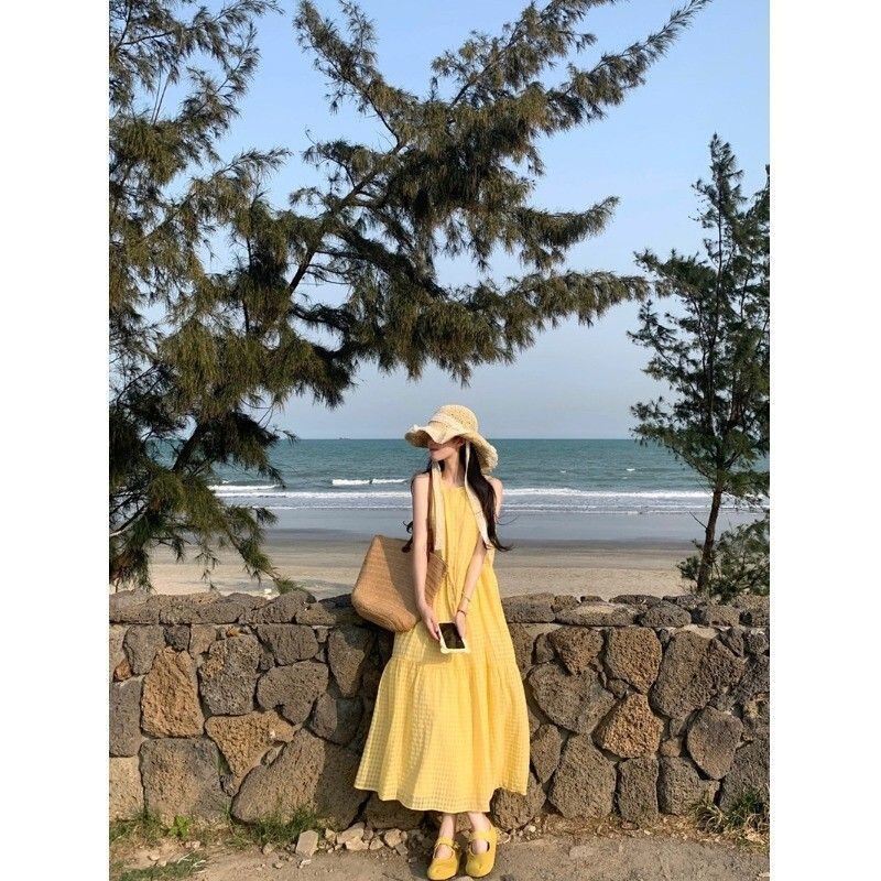 French-Style Sleeveless Vest Yellow Dress for Women, New Summer Style, Early Summer Outfit, Beach Vacation Style Long Dress French-Style Sleeveless Vest Yellow Dress for Women, New Summer Style, Early Summer Outfit, Beach Vacation Style Long Dress