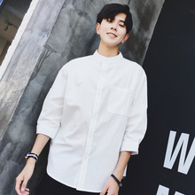 日系立领中袖衬衫男士棉麻宽松短袖白衬衫休闲衬衣男装七分袖衬衫