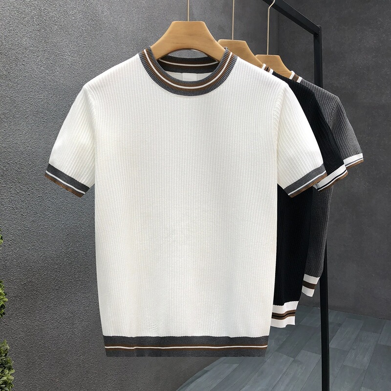 2025 Summer New Light Mature Men's Top White Round Neck Striped Spring Short-sleeved Sweater Men's Inner Knitted Sweater