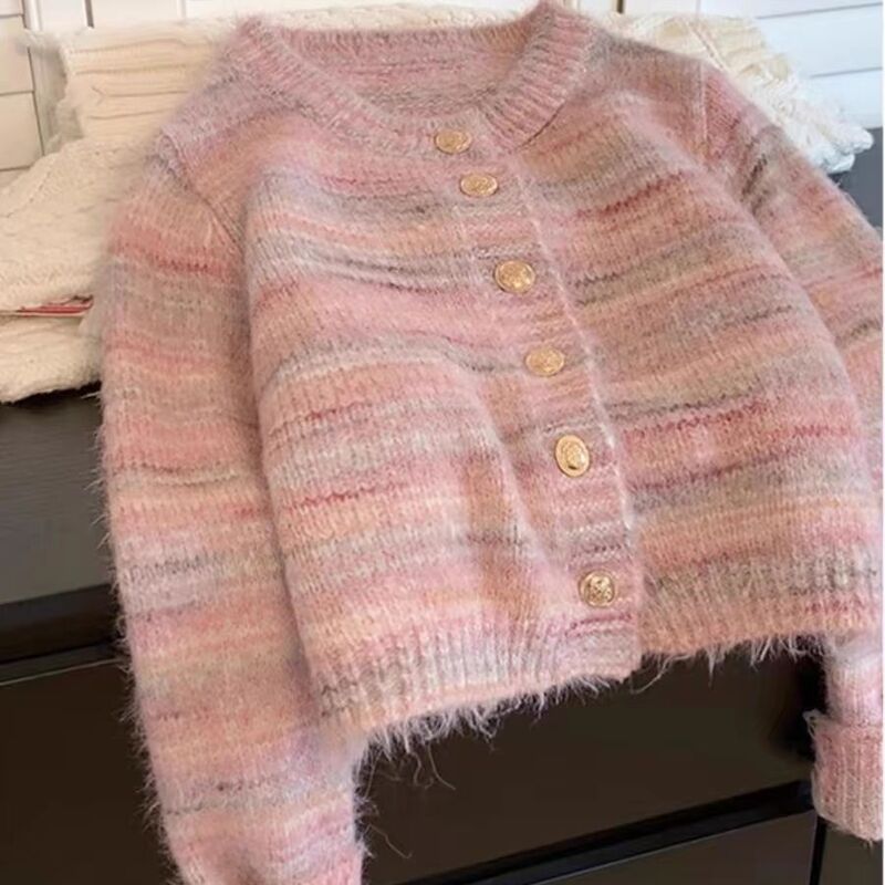 Unmun Small Fragrant Pink Short Stripesd Mohair Sweater Jacket for Women in Autumn and Winter Thickeneded Inner Knitted