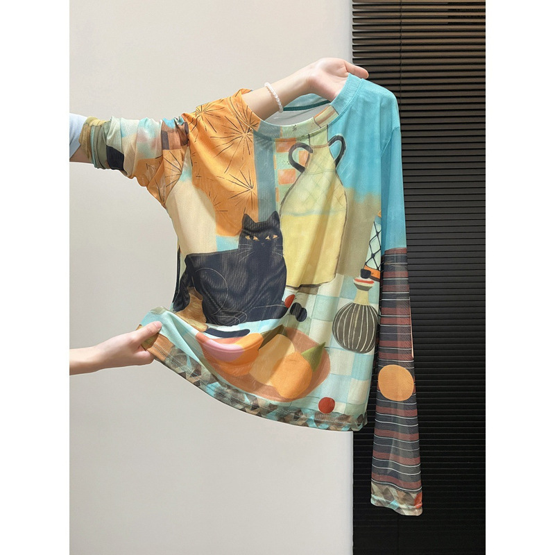 Summer Cat Print Mesh Sunscreen Cover-Up T-Shirt for Women, Slim Fit, Versatile, Long-Sleeve, Lightweight, Stylish, Tie-Dye Top Summer Cat Print Mesh Sunscreen Cover-Up T-Shirt for Women, Slim Fit, Versatile, Long-Sleeve, Lightweight, Stylish, Tie-Dye Top