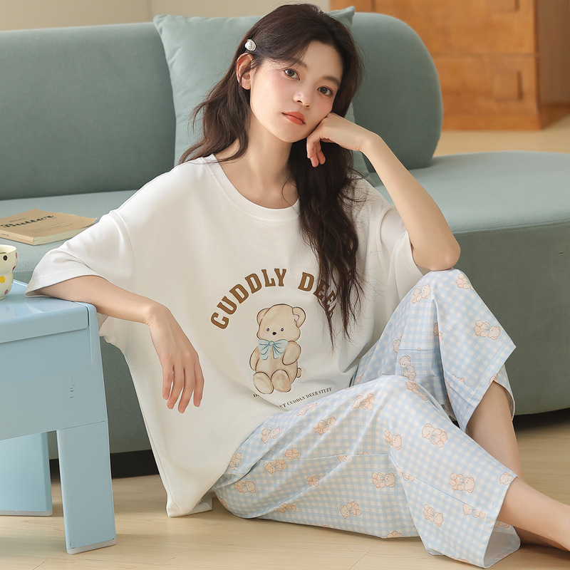 New short-sleeved cropped pajamas for women, summer thin pure cotton round-neck casual cartoon print home wear all-cotton set New short-sleeved cropped pajamas for women, summer thin pure cotton round-neck casual cartoon print home wear all-cotton set