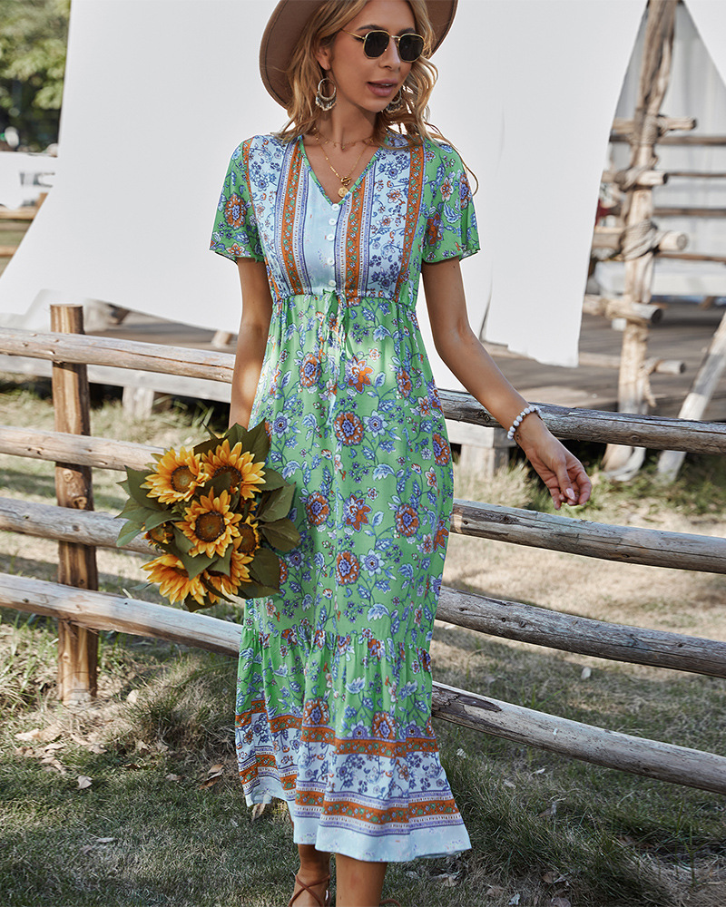 vestido largo de verano bohemio floral de manga corta con cuello en v ocio vacaciones NSKA121475