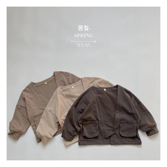 Lazy Japanese Korean style children's knitted cardigan spring and autumn new style retro pocket one-button jacket for boys and girls casual