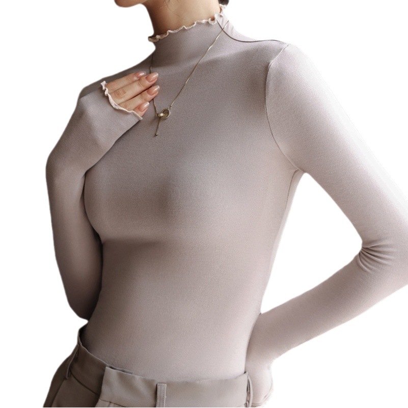 [Camisa de fondo de proteína] Camisa de fondo de oreja de madera de cuello alto modal para mujer otoño e invierno Top interior de manga larga