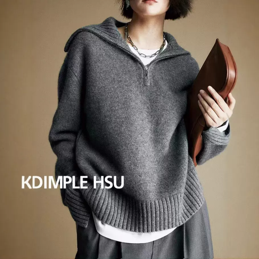 25秋冬复古慵懒羊毛衫女半拉链翻领毛衣新款加厚小众针织上衣宽松