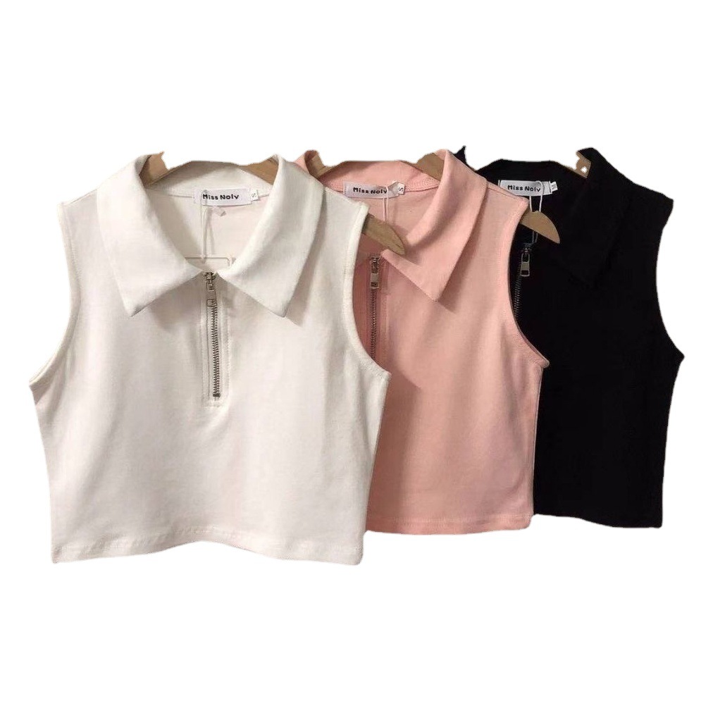 Verano de las niñas nuevo chaleco camisa de polo estilo coreano cremallera solapa moda corto chaleco sin mangas de color sólido de los niños moda