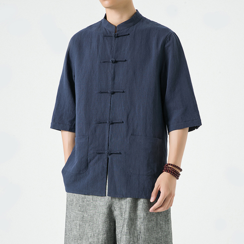 中国風メンズリネンシャツ中国風唐服綿麻メンズ七分袖シャツ夏レトロ立襟上着|undefined
