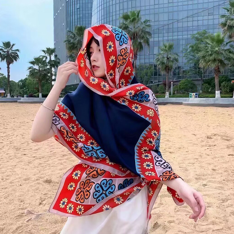 Sopa de satén de twill para mujeres 2025 bufandas de viento nacional de verano tibetanas bufandas de seda protector solar lago Qinghai turismo foto toalla de playa