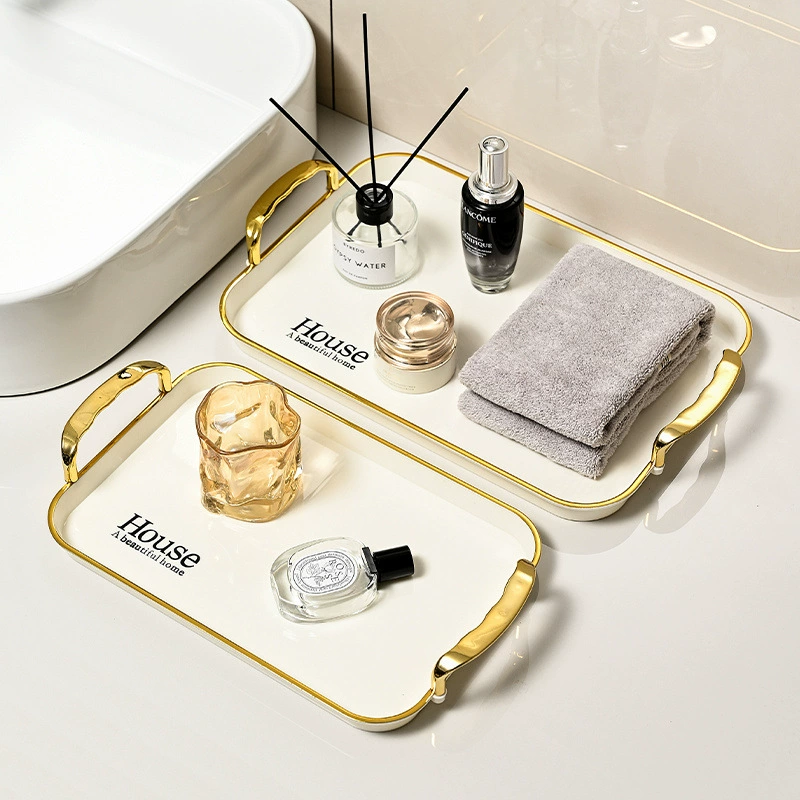 Rectangular Fruit Serving Tray, Plastic, Cream or Transparent with Gold Handle, Small & Multi-Size Sets