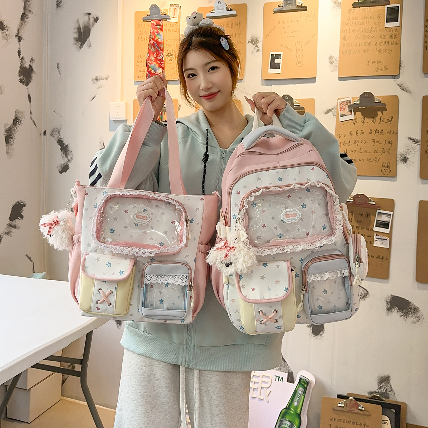 2026 Spring New Style Color-Block Two-Piece Backpack Set for Middle and High School Students, High-Value Dopamine High School Student Tutoring Bag