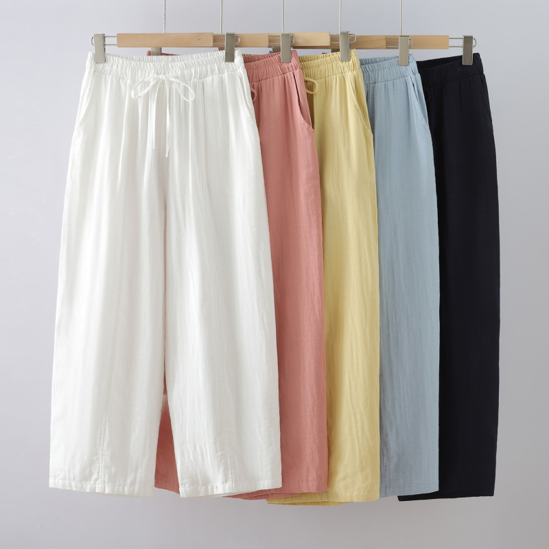Simple Elastic Waistband Double-Layer Cotton Gauze Casual Pants for Women, New Spring and Summer Style, All-Cotton Casual Straight Wide-Leg Pants