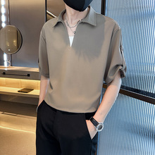 夏季冰丝短袖衬衣男潮牌五分袖V领衬衫T恤痞帅百搭男款假两件寸衫