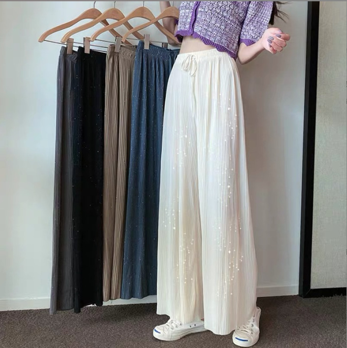 Cross-border Amazon Wide-leg Pants Women's Summer Loose Straight Pleated Ice Silk Pants Draped Pants Thin High Waist Casual Pants