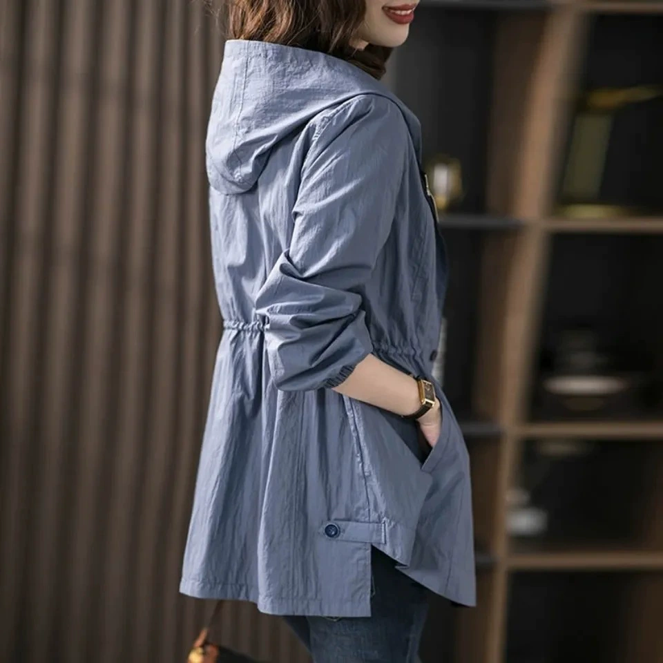 Длинная куртка для отдыха с капюшоном, осеннее trench coat, бретель, длина до середины, корейский стиль