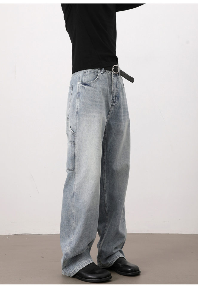 Quần jeans nam màu xanh nhạt dáng rộng ống đứng phong cách high street — Màu xanh dương chi tiết 12